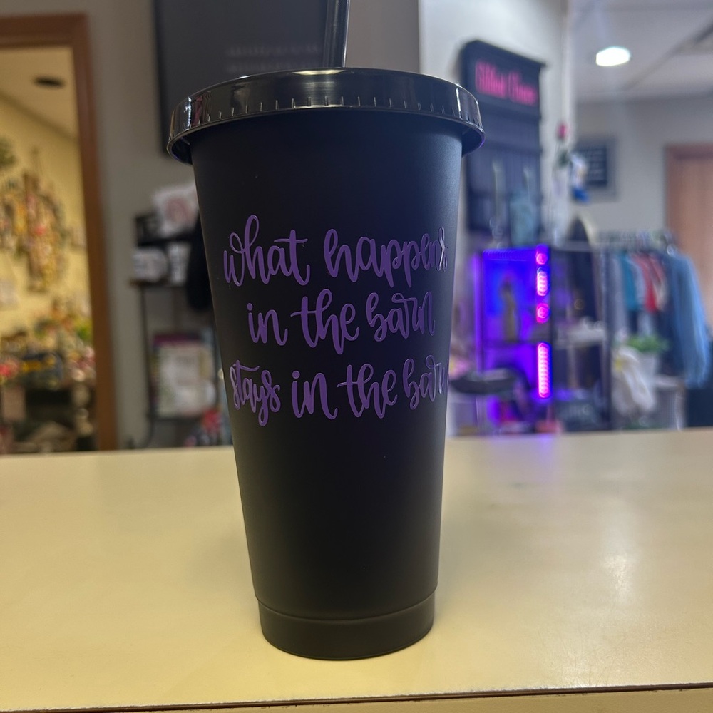 Black Tumbler with Purple Text